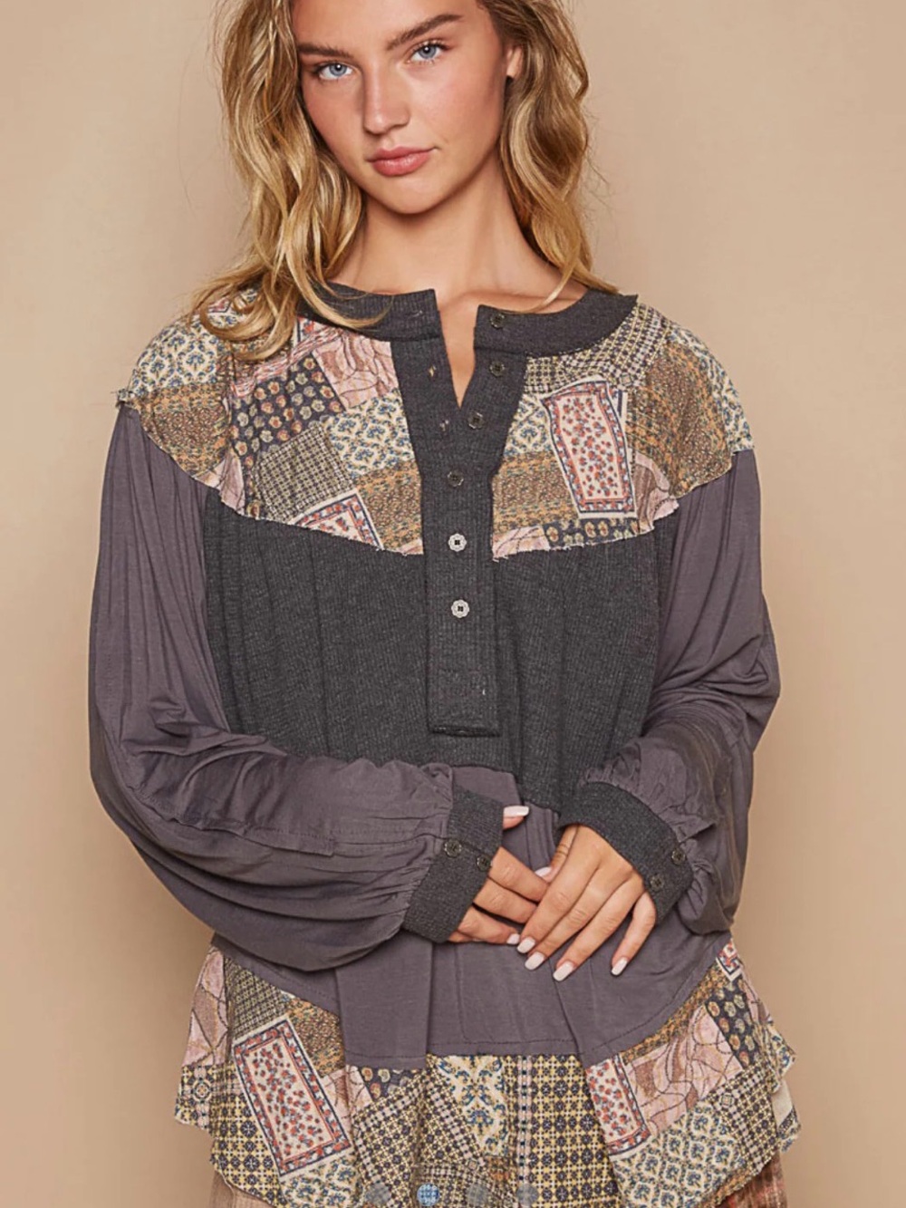POL Mixed Print Patchwork Balloon Sleeve Charcoal Henley Pullover Top